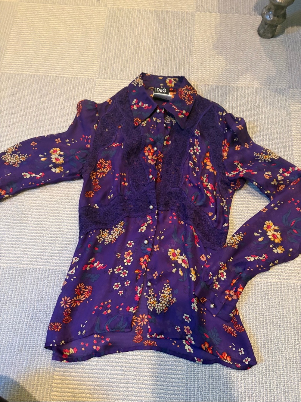 D&G Purple Floral Lace-Panel Button Down Shirt